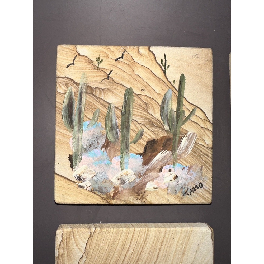Sandstone Coaster Set Southwestern Signed Tasso Cactus Coyote Quail - Picture 2 of 7